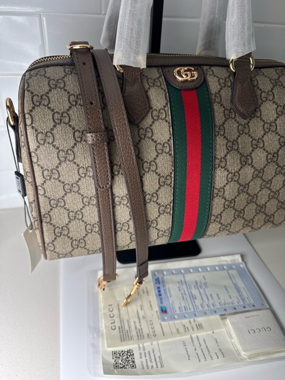 Gucci Beige GG Supreme Satchel with Green-Red Web and Brown Trim NWT